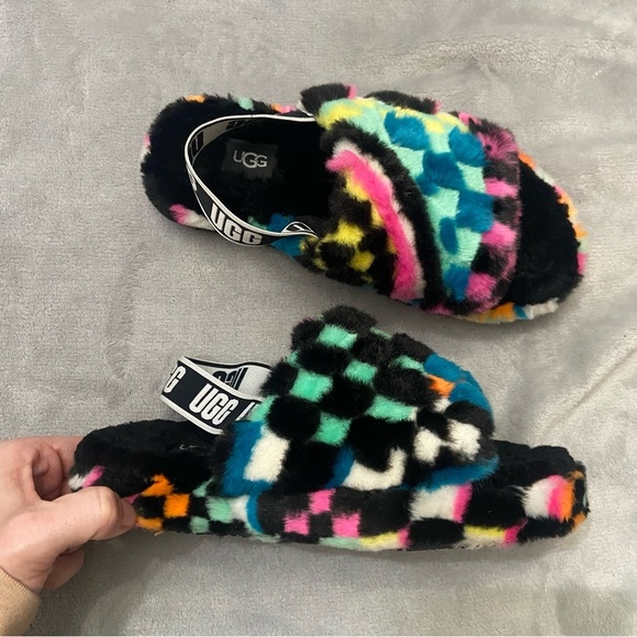 UGG Kids' Girls' Fluff Yeah Check Slingback Sandals in Black Multicolor Size 4 - Picture 2 of 8